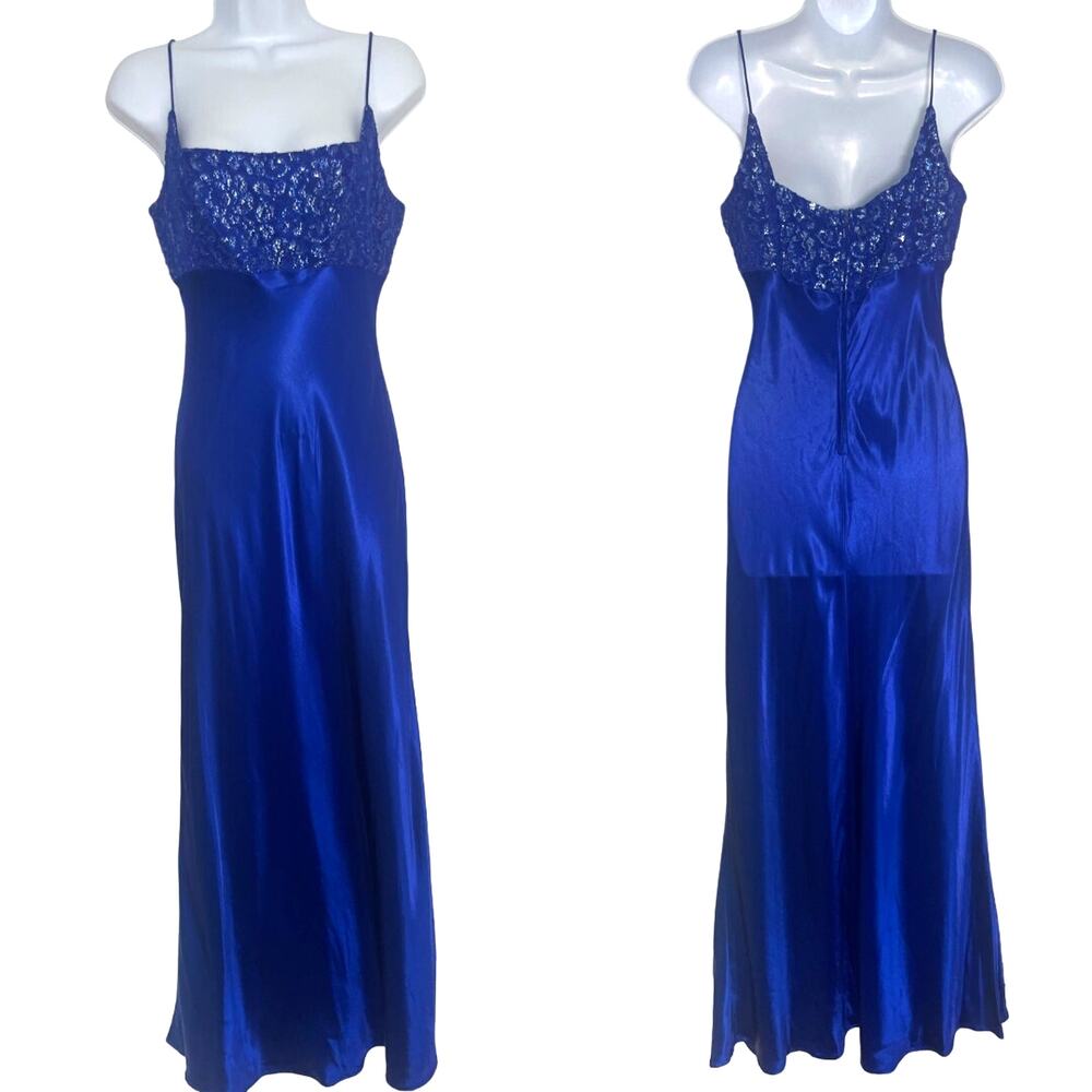 Vintage 90s Lace Silk Blue Maxi Dress | SMALL